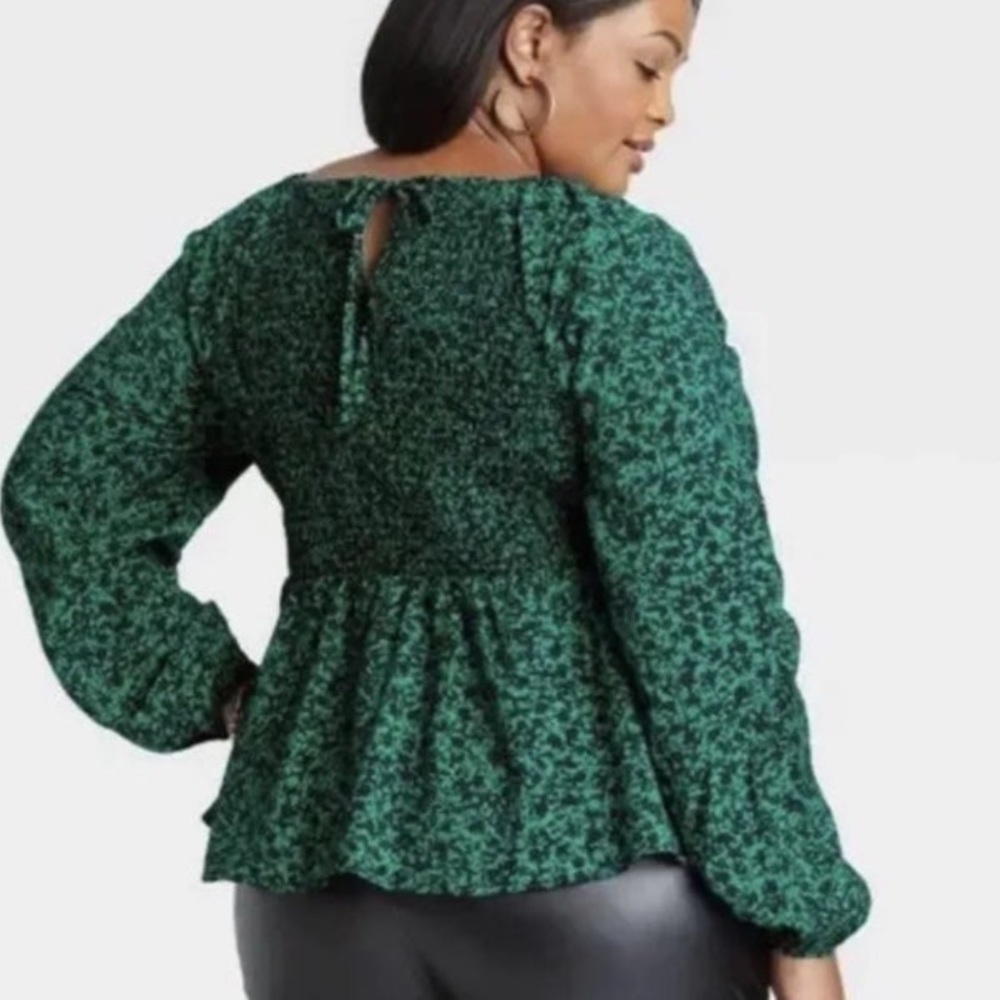 Ava & Viv Plus Size 3X Long Sleeve Sweetheart Peplum Top Green & black blouse - Picture 2 of 8